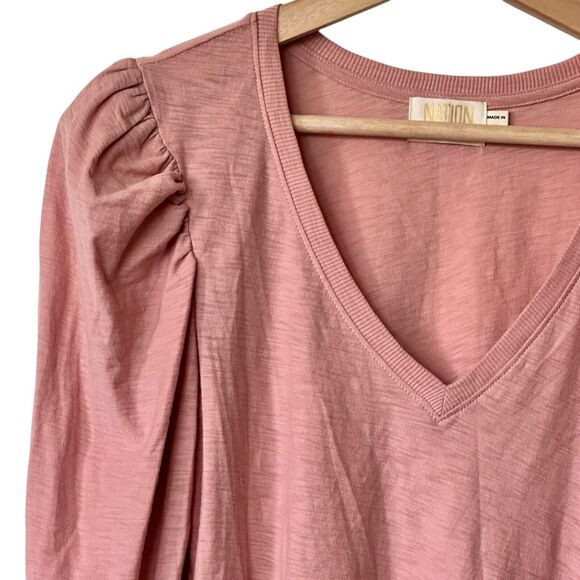 Nation LTD Shirt Small Womens Pink Puff Sleeve Smocked Pima Cotton Top - Picture 8 of 8
